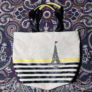 Karl Lagerfeld Paris Women's Yellow Black Beige Canvas Tote Hand Bag One Size